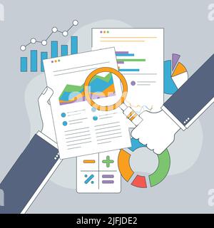 Mano uomo d'affari con lente d'ingrandimento sopra la tabella. Analisi aziendale, contabilità e rapporto finanziario aziendale. Illustrazione Vettoriale