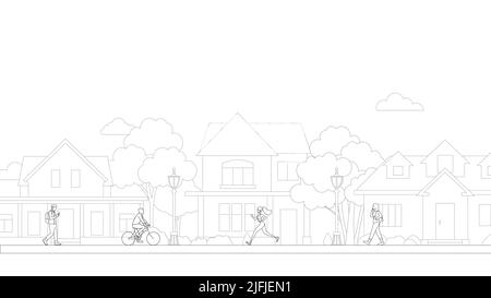 Gente villaggio vita quartiere linea arte vettore. Edifici residenziali in una strada suburbana. In bicicletta e a piedi persone nel villaggio vita quartiere Illustrazione Vettoriale