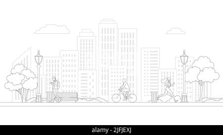 Gente villaggio vita quartiere linea arte vettore. Edifici residenziali in una strada suburbana. In bicicletta e a piedi persone nel villaggio vita quartiere Illustrazione Vettoriale