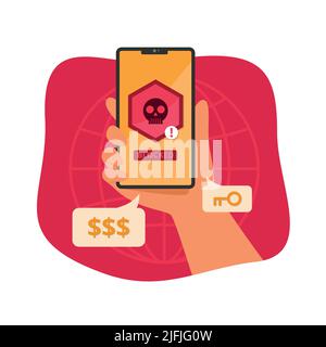 Smartphone Human Hand Holding con attacco ransomware. Illustrazione Vettoriale