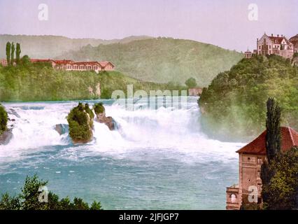Cascate del Reno e Castello di Laufen dal castello di Wörth, Laufen-Uhwiesen, Zürich, Svizzera 1890. Foto Stock