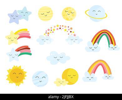 Collezione di cartoon kawaii elementi - arcobaleno, stelle e sole, pianeti, nuvole. Illustrazione Vettoriale