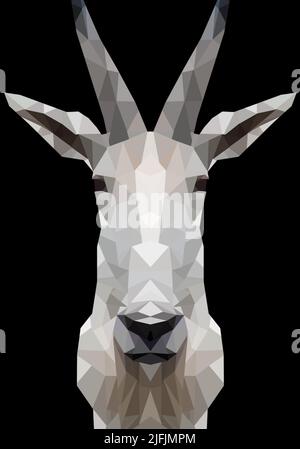 Grigio, grigio naturale poligonale astratto selvaggio capra di montagna su sfondo nero. Sfondo del desktop, stampa a schermo. Foto Stock