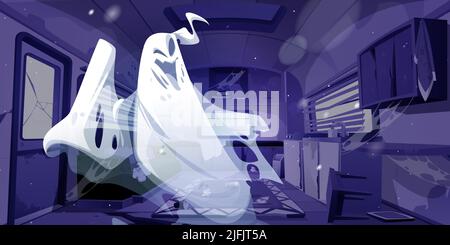Ghost in abbandonato auto da campeggio interno. Cartone animato Halloween personaggio all'interno della vecchia casa Rv motore con mobili rotti, ragno nastri di notte. Spok divertente, mostro fantasy, illustrazione vettoriale Illustrazione Vettoriale