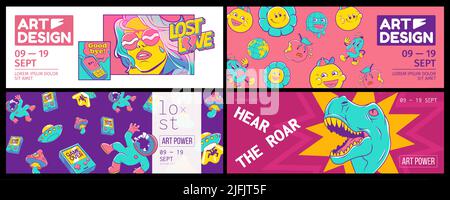 Poster retrò alla moda per mostra di design d'arte con simboli di ufo, fiori, dinosauro, astronave, funghi, gamepad e ragazza. Banner vettoriali con patch comiche contemporanee Illustrazione Vettoriale