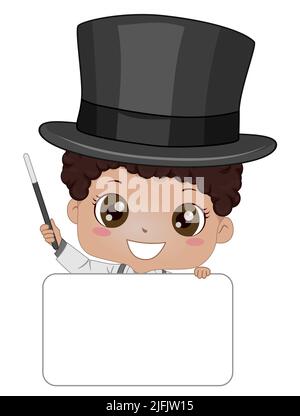 Illustrazione di African American Kid Boy Magician indossando Top Hat Holding Blank Board e Magic Wand Foto Stock