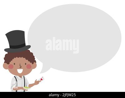 Illustrazione di African American Kid Boy che indossa Top Hat, Holding Magic Cards con Speech Bubble Foto Stock