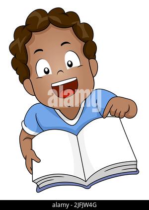 Illustrazione di African American Kid Boy studente che indica un libro aperto Foto Stock