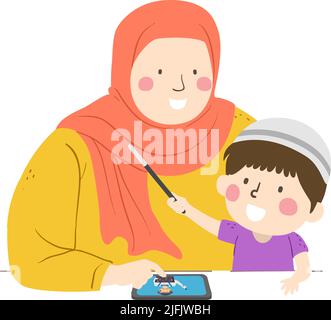 Illustrazione di Kid Boy musulmano indossare Taqiyah e tenere la bacchetta magica con la mamma indossare Hijab guardare il mago online sul tablet Foto Stock