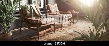 Interni moderni, design japandi, soggiorno scuro. Appartamento soleggiato con grandi finestre e poltrone. Illustrazione del rendering in stile Hampton 3D. Foto Stock