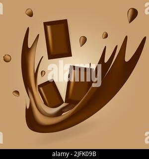 Pezzi di cioccolato cadenti con spruzzi di cioccolato, gocce e spruzzi. Adatto per volantini, poster, poster, adesivi, cartoline Illustrazione Vettoriale