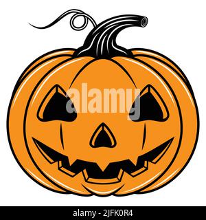 Icona della zucca di Halloween. Simbolo dell'autunno. Zucca spaventosa di Halloween con sorriso, silhouette di zucca arancione isolata su sfondo bianco. Disegno colorato Illustrazione Vettoriale