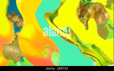 Polvere e onde d'oro su sfondo di inchiostri fluorescenti. Foto Stock