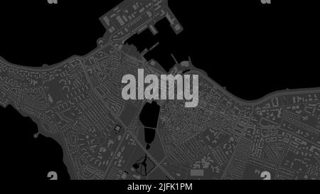 Nero scuro Reykjavik Città area vettore sfondo mappa, strade e l'illustrazione cartografica acqua. Streetmap digitale con proporzioni widescreen e design piatto Illustrazione Vettoriale