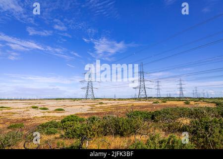 Elettricità Pylons che corre sul paesaggio arido di Lydd gamme vicino Dungeness Kent sud-est Inghilterra Foto Stock