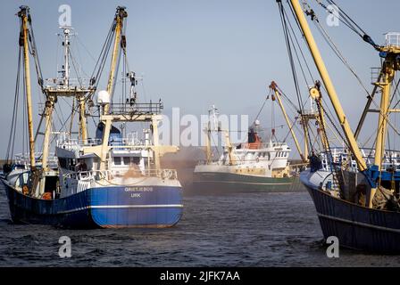 2022-07-04 09:11:22 IJMUIDEN - pescatori hanno Unito le proteste degli agricoltori contro i piani di azoto del governo. Hanno bloccato il porto di IJmuiden con le loro barche. Oltre alle conseguenze della Brexit, all’arrivo di parchi eolici e al divieto europeo di pesca a impulsi, il settore della pesca sta anche lottando con prezzi del carburante alle stelle. ANP KOEN VAN WEEL netherlands OUT - belgium OUT Credit: ANP/Alamy Live News Foto Stock