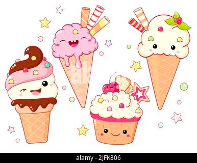 Set di personaggi gelato in stile kawaii con viso sorridente e guance rosa per un design dolce. Sundae, gelato in cono di waffle. Carino cibo estivo collec Illustrazione Vettoriale