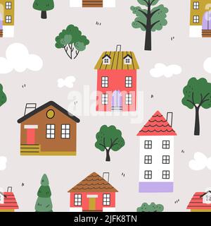 Case scandinave modello senza giunture. Graziosi edifici di bambola in foresta e nuvole. Stampa in tessuto scandi alla moda, sfondo vettoriale decorativo Illustrazione Vettoriale