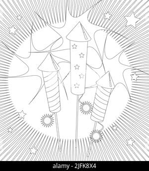 Pagina da colorare fuochi d'artificio. Foglio attività per bambini adatto per pagine da colorare stampabili o per inviti a feste o carte artigianali. Vettore EPS10 per Illustrazione Vettoriale