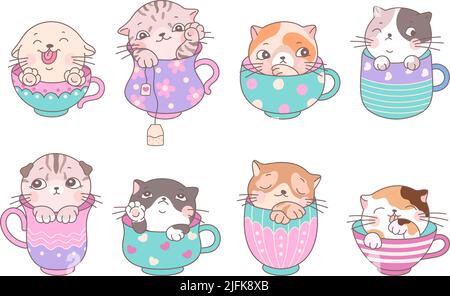 Gatti carini in tazza. Kitten tazzine di caffè, cartoon isolato kitty in tazza di tè. Kawaii adorabili animali, baby dolci adesivi e stampe. Divertente vettore oggi Illustrazione Vettoriale