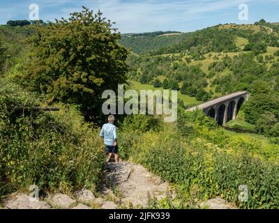 Camminatore maschile che scende da Monsal testa verso il Viadotto Headstone, Peak District, Derbyshire, Regno Unito Foto Stock