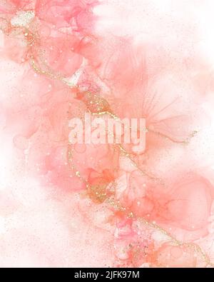 Gradiente rosso, rosa, corallo, sfumature, astratto liquido vernice, digitale alcol inchiostro illustrazione con strisce dorate. Marmo fluente art.. Foto Stock
