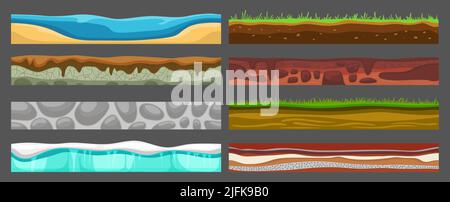 Cartoni animati senza giunture. Superficie piano terra, spiaggia, rocce gioco paesaggio. Texture da gioco con acqua e pietre, terra sporca e erba verde, neoterica Illustrazione Vettoriale