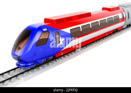 Bandiera portoricana dipinta sul treno ad alta velocità. Viaggio in treno a Porto Rico, Concept. 3D rendering isolato su sfondo bianco Foto Stock