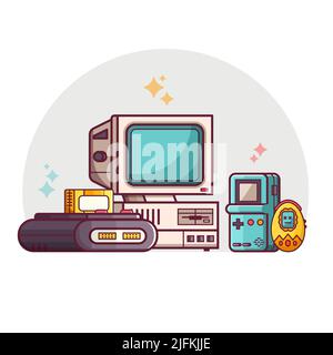 Retro Tech Devices Scene in Line Art Illustrazione Vettoriale