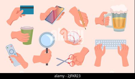 Cartoni animati. Mani stilizzate gesti umani disegnati guanti che tengono diversi strumenti e gadget illustrazioni vettoriali esatte Illustrazione Vettoriale