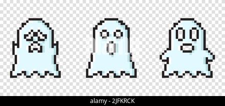 Set di immagini fantasma vettoriali pixel art. Immagini fantasma dei caratteri pixel. Immagini fantasma pixel impostate. Retro 8 bit pixel fantasmi e spiriti icone. Pixel art fantasmi paranormali p Illustrazione Vettoriale