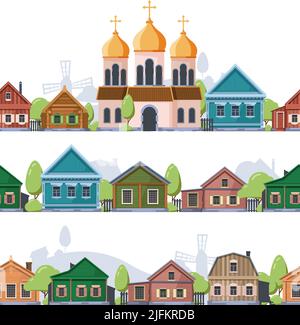 Paesaggio russo villaggio. Rurale vecchio stile case di legno garish vettore senza cuciture modello di sfondo Illustrazione Vettoriale