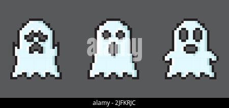 Set di immagini fantasma vettoriali pixel art. Immagini fantasma dei caratteri pixel. Immagini fantasma pixel impostate. Retro 8 bit pixel fantasmi e spiriti icone. Pixel art fantasmi paranormali p Illustrazione Vettoriale