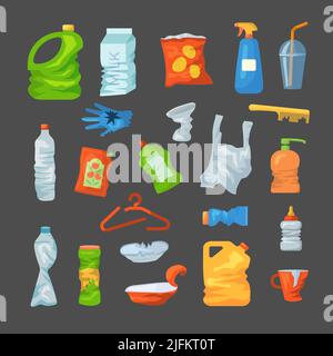 Rifiuti di plastica. Scatole bottiglie vuote confezioni rifiuti per il riciclaggio dei recenti prodotti in plastica vettoriale Illustrazione Vettoriale