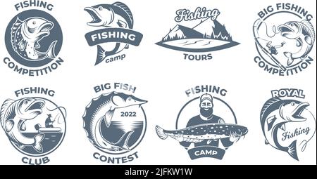 Pesca sportiva. Gancio per pesce oceano grande canna da pesca vettore esatto stilizzato badge design con luogo per il testo Illustrazione Vettoriale