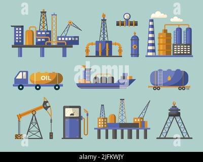 Industria petrolifera. Gas petrolio natura olio da tubo industriale Concept icone tecniche valvole recenti simboli vettoriali piatti Illustrazione Vettoriale