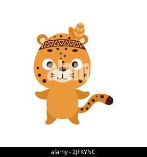 Simpatica jaguar tribale. Selvaggio e libero. Personaggio animale cartoon per magliette bambini, decorazione del vivaio, doccia bambino, biglietto d'auguri, invito, casa inter Illustrazione Vettoriale