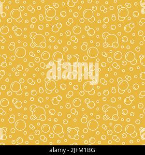 Modello senza giunture vettoriale a bolle con icone a linea piatta. Tessuto di birra di colore bianco giallo. Sfondo di acqua frizzante, carta da parati soda astratta Illustrazione Vettoriale