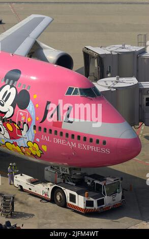 Il JAL Jumbo Jet per commemorare il mondo di Mikey mouse e Disney è stato programmato sulle rotte nazionali in Giappone, Tokyo.Haneda JP Foto Stock