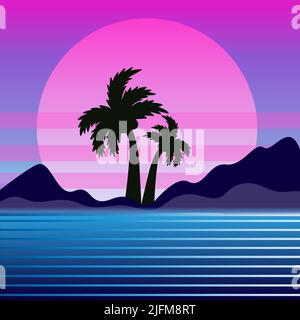 Tramonto con alberi di palma in stile retrofondante Grunge. Disegno moderno dell'icona del futuro. Illustrazione vettoriale Illustrazione Vettoriale