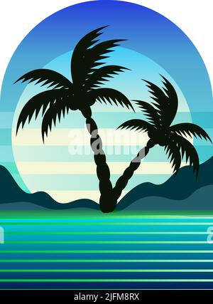 Tramonto con alberi di palma in stile retrofondante Grunge. Disegno moderno dell'icona del futuro. Illustrazione vettoriale Illustrazione Vettoriale