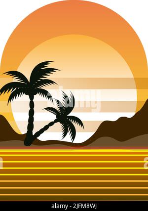 Tramonto con alberi di palma in stile retrofondante Grunge. Disegno moderno dell'icona del futuro. Illustrazione vettoriale Illustrazione Vettoriale