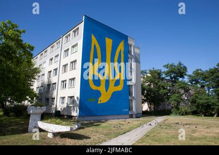 Murale di solidarietà con l'Ucraina, a Danzica Polonia - Mural solidarności z Ukrainą, Przymorzu w Gdańsku, Polska Foto Stock