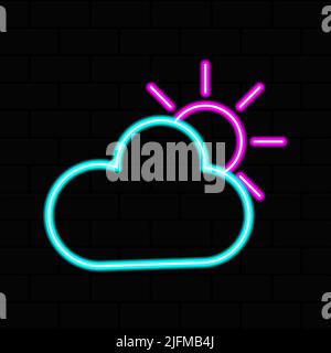 Neon incandescente nuvoloso con icona tempo sole su sfondo muro di mattoni scuro. Simbolo cloud con sole in stile neon alle previsioni meteo nell'applicazione mobile Illustrazione Vettoriale