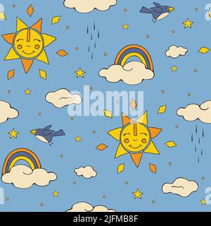 Pattern vettoriale senza giunture con sole cartoon e nuvole su sfondo blu. Carta da parati semplice per il tempo felice per i bambini. Illustrazione Vettoriale