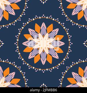 Motivo vettoriale senza giunture con cerchio di fiori su sfondo blu. Semplice carta da parati floreale zen. Decorativo patchwork moda tessile. Illustrazione Vettoriale