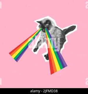 Collage d'arte contemporanea. Immagine concettuale. Gatto con luce arcobaleno dagli occhi isolato sfondo rosa. Supporto LGBTQIA Foto Stock