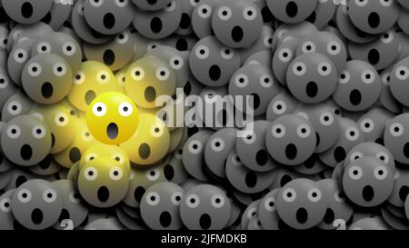 WOW, shock e stupito emoji in luce sfarfallio luminoso isolato su nero e bianco poco sfocatura emoji. Foto Stock