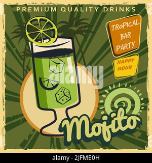 Mojito retro poster design. Sala cocktail con sfondo vintage, carta vecchia testurizzata graffiata Illustrazione Vettoriale