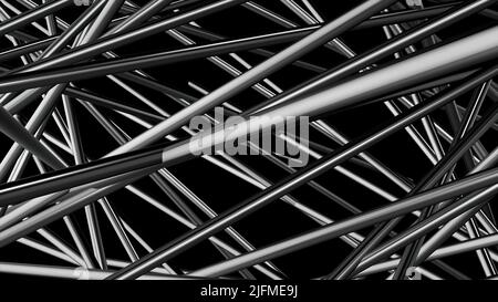 Sfondo metallico argento con strisce grinzite su sfondo nero. Movimento. Spostamento lento di tubi come linee, monocromatiche. Foto Stock